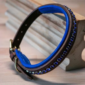 Handmade Havana leather dog collar with Majestic Blue Crystals, Royal Blue Padding, and brass fittings