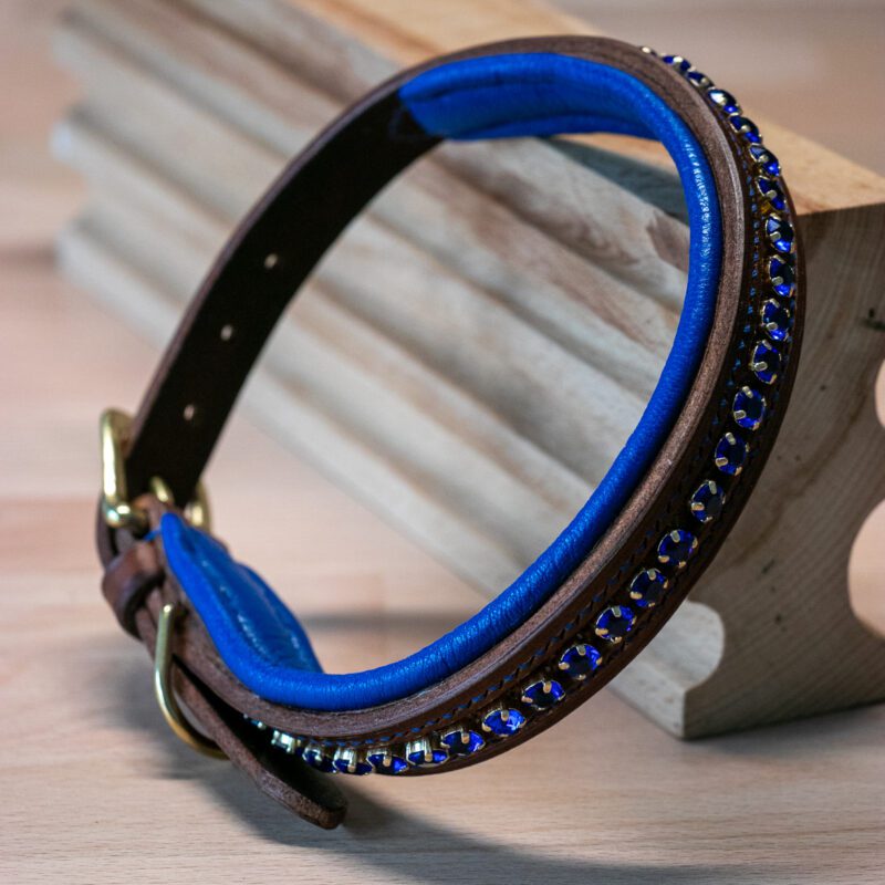 Handmade Havana leather dog collar with Majestic Blue Crystals, Royal Blue Padding, and brass fittings