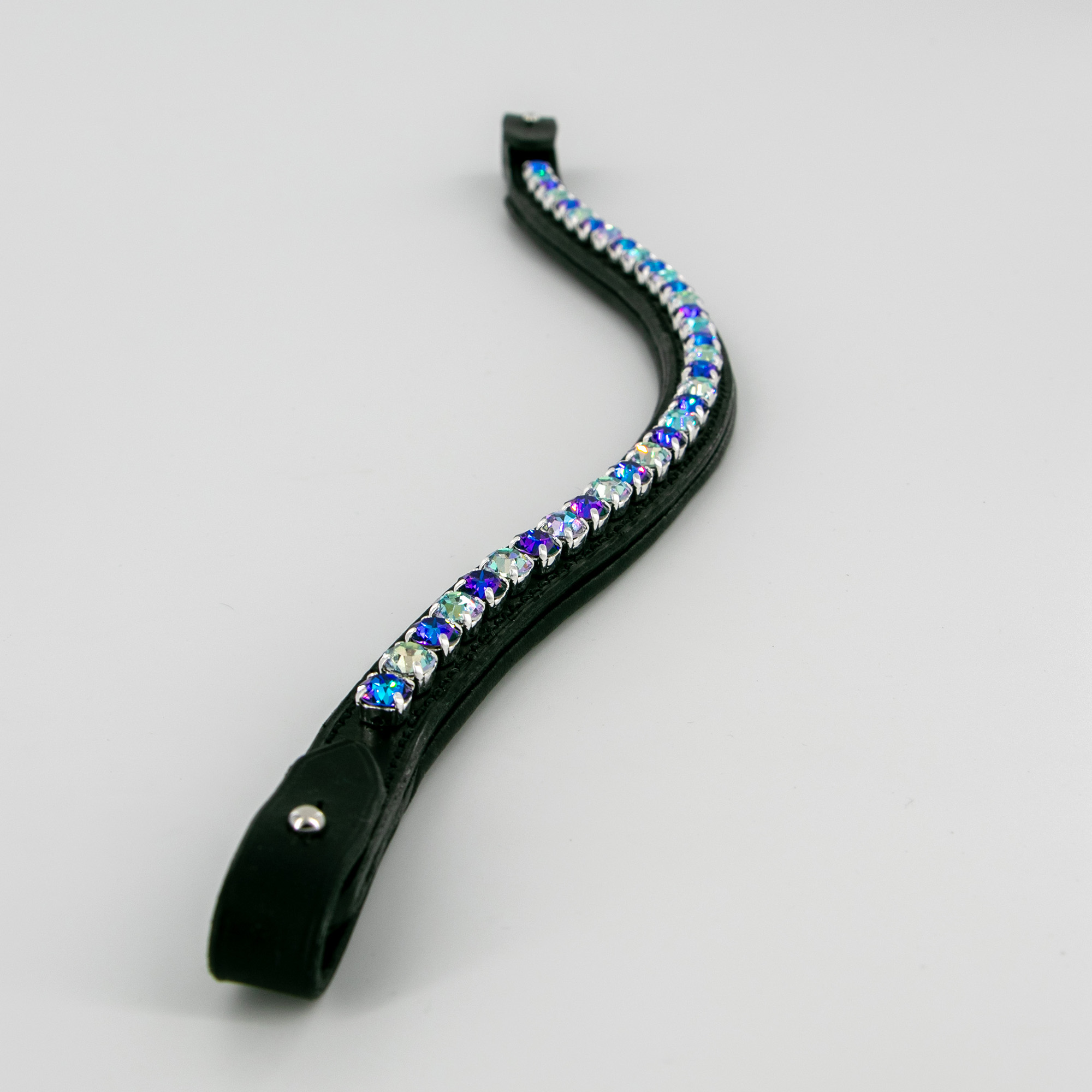 Detail of leather and crystal browband in shades of blue