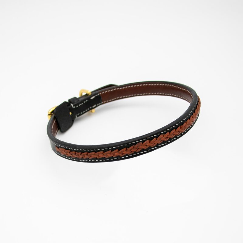 Black handmade dog collar featuring brown kangaroo lacing details.