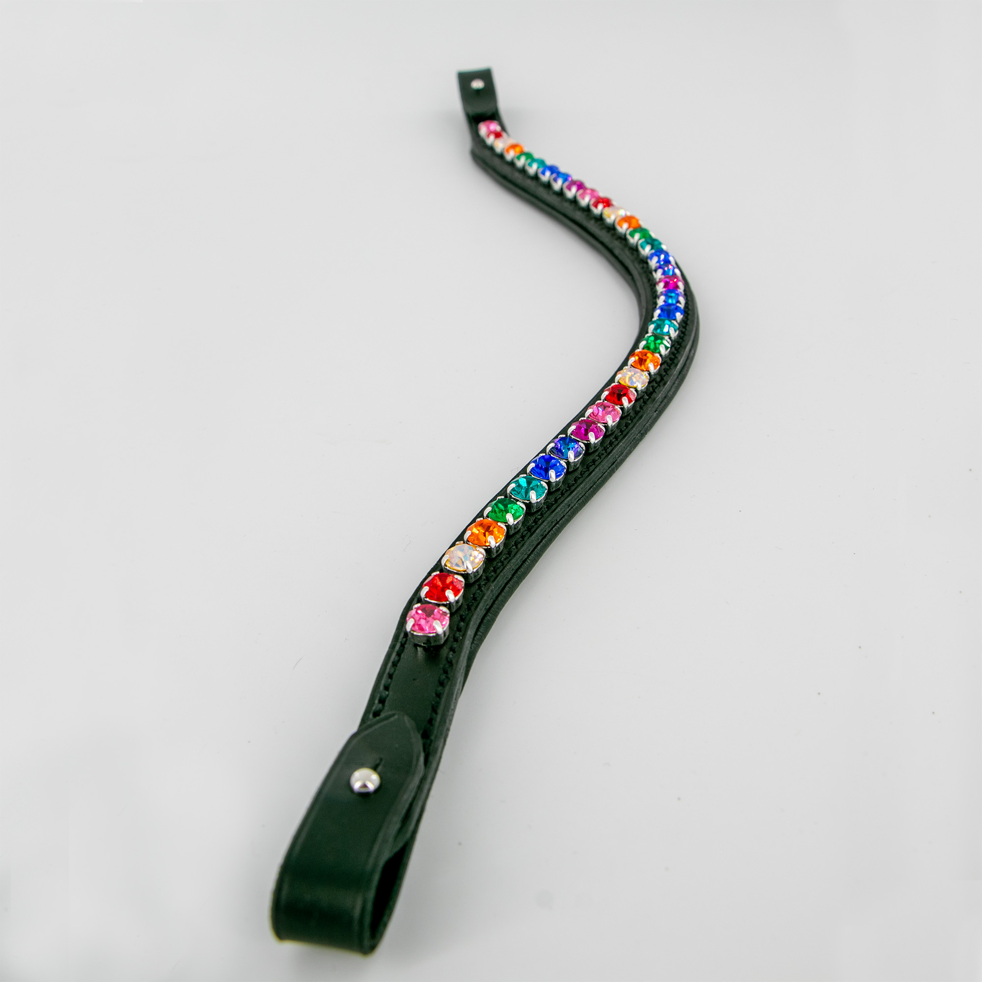 Rainbow crystal browband featuring black full-grain leather and nappa leather lining