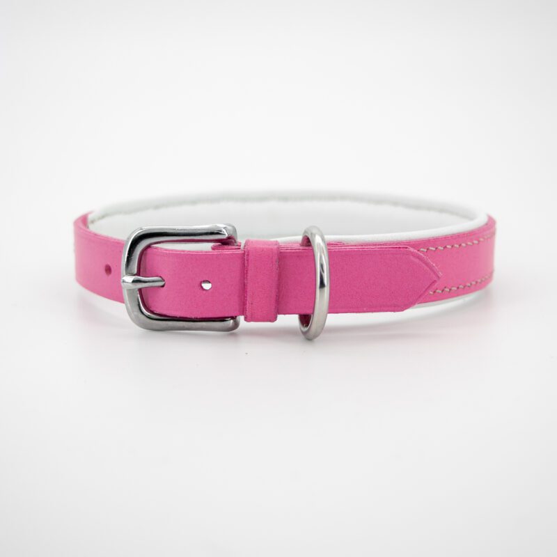 Buckle detail of a pink leather dog collar, handmade and handstitched.