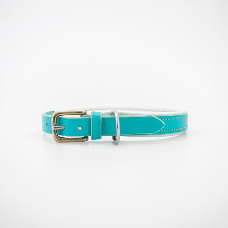 Buckle detail of a turquoise and white handmade leather dog collar